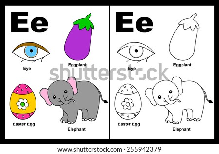 Kids alphabet coloring book page with outlined clip arts to color. Letter E 
