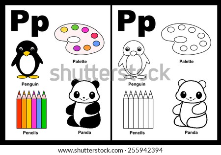 Kids alphabet coloring book page with outlined clip arts to color. Letter P 