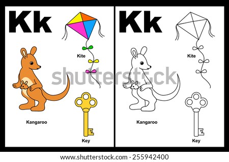 Kids alphabet coloring book page with outlined clip arts to color. Letter K 