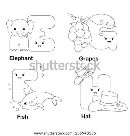 Illustration of alphabet coloring book letters e, f, g, h with beautiful cliparts isolated on white background