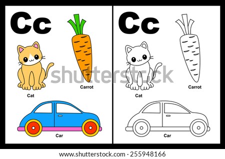 Kids alphabet coloring book page with outlined clip arts to color. Letter C 