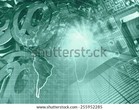Business background in greens with electronic device and digits.