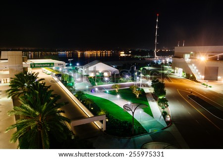 View of the waterfront at night, in San Diego, California.