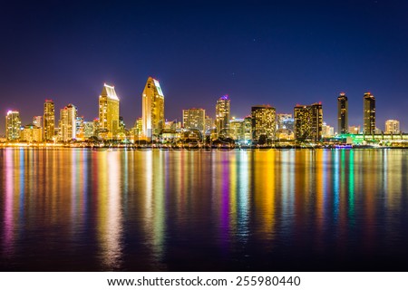 The San Diego skyline at night, seen from Centennial Park, in Coronado, California.