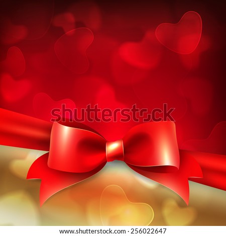 Greeting card template, holiday background with red bow and heart