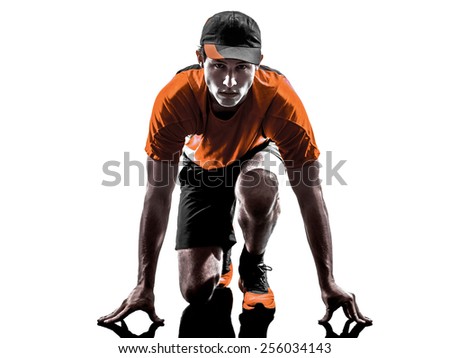 one young man runner jogger in silhouette isolated on white background