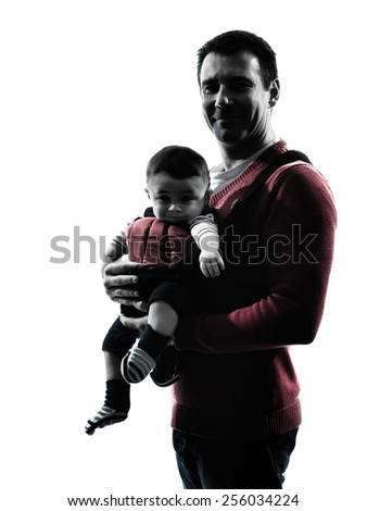 one man fathers parents with baby carrier  in silhouettes on white background