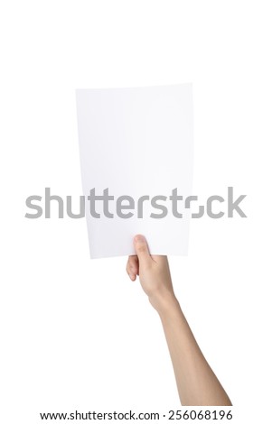 hand of Asian man holding A4 paper, isolated on white