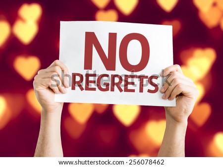 No Regrets card with heart bokeh background