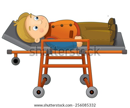 Cartoon patient lying on hospital bed - illustration for the children