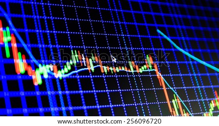 Stock market graph and bar chart price display. Abstract financial background trade colorful green, blue, red abstract. Data on live computer screen. Display of quotes pricing graph visualization