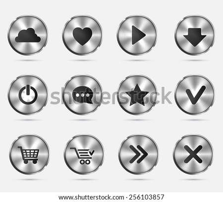 Set realistic metal icons. 12 chrome buttons for your design. Vector illustration.