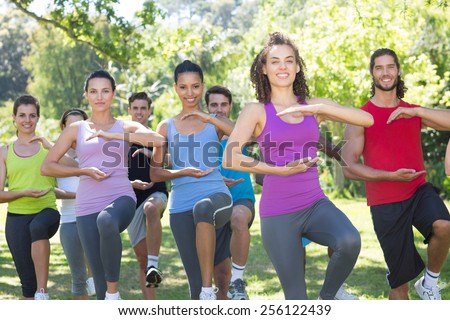 Fitness group doing tai chi in park on a sunny day Royalty-Free Stock Photo #256122439