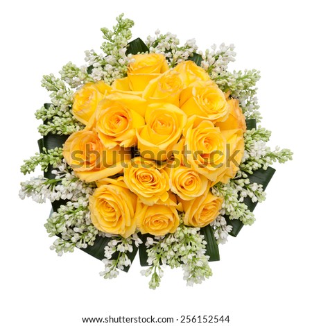 Yellow Roses wedding bouquet seen from above.