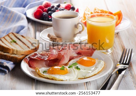 Coffee cup, Two  eggs  and bacon for healthy breakfast. Royalty-Free Stock Photo #256153477