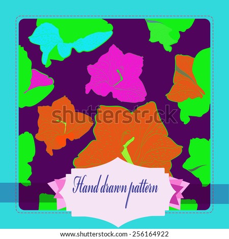 Card with   pattern of colored floral motif, gladioli, label on a dark pink    background. Hand drawn.