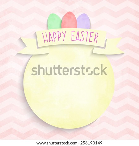 greeting card Happy Easter with watercolor eggs and place for text on a red pink watercolor background with zigzag pattern