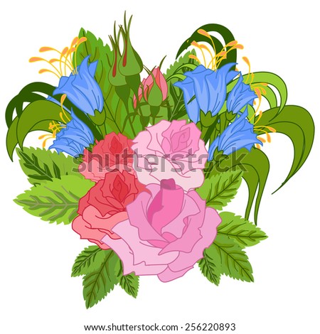 Vector bouquet of roses and wildflowers. Sample to design postcards, background.