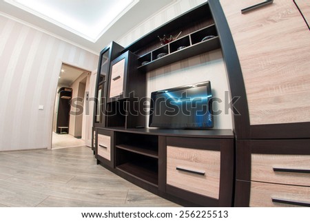 Spacious room with furniture, large closet and TV. Modern Style. Photo shot on fish-eye lens