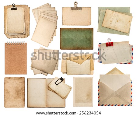 Used paper sheets. Vintage photo album and book pages, cards, paperboard, pieces, envelope isolated on white background