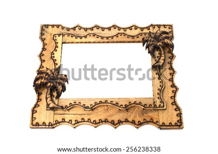 Vacation tropical hand made wooden picture frame on white background