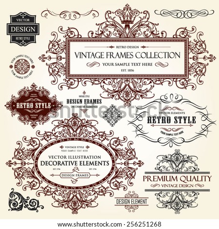 Vector vintage collection: Baroque and antique frames, labels, emblems and ornamental design elements on a old paper textural background