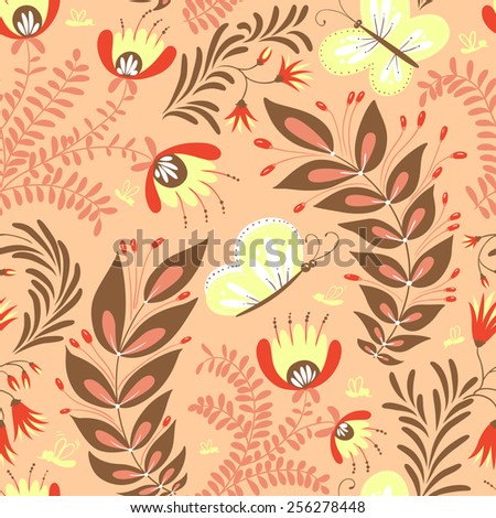 Pink floral seamless pattern with butterfly