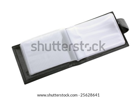 Opened black leather business card holder isolated on white background.