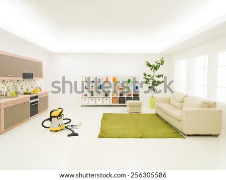 clean modern living room with vacuum cleaner