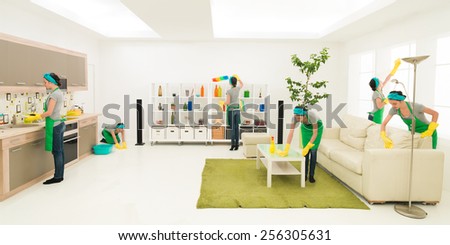 young caucasian woman cleaning home in different places at the same time