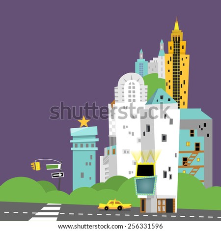 Star city illustration of busy downtown with skyscrapers and landmarks in the violet and square background 