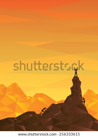 success of mountaineer, orange sky scene, vector illustration