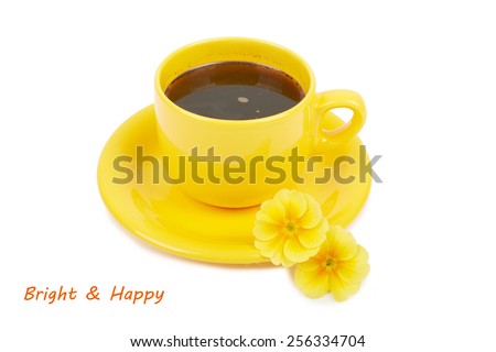Cup of coffee with spices and flower yellow isolated on white