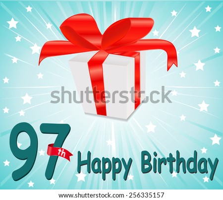 97 year Happy Birthday Card with gift and colorful background in vector EPS10