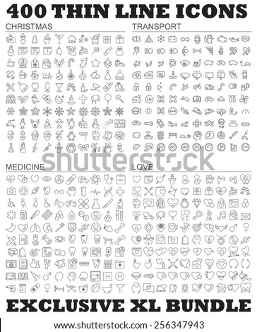 Four hundred thin line vector icons bundle. Christmas, winter, holidays, love, wedding, medicine, health care, transport, cars and many other. Royalty-Free Stock Photo #256347943