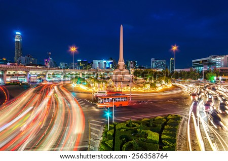 Cityscape twilight of Victory monument in central Bangkok Thailand