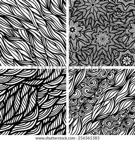 Set of four seamless bright patterns, waves background, vector illustration