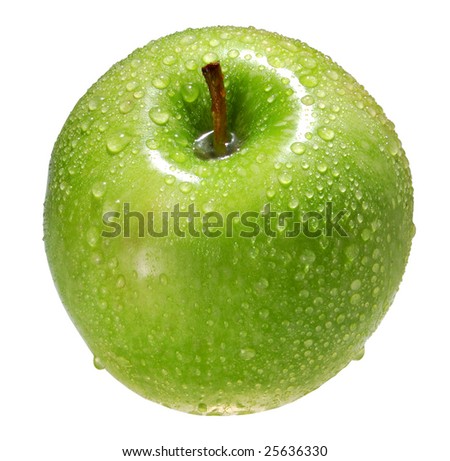 Green apple in water drops on a white background
