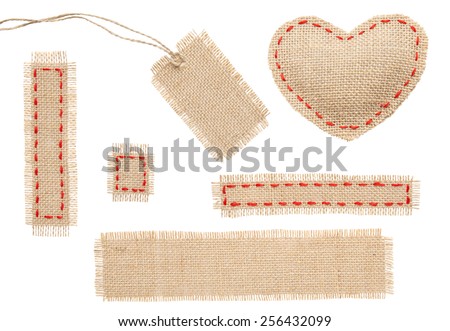 Sackcloth Heart Shape Patch Tag Label Object with Stitches Seam, Burlap Isolated over White Background