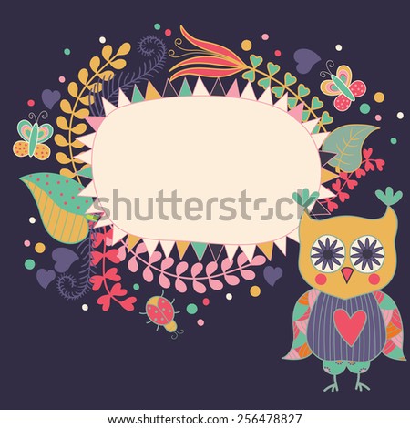Background with floral frame with owl and butterflies. Can be used for cards, invitations.