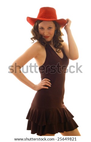 young beautiful girl in a red hat and brown dress. Isolation on a white background