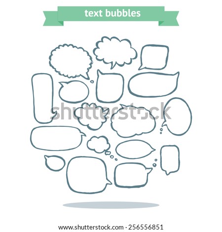 Collection of message balloons isolated on white background. Vector set of hand drawn text bubbles. Hand drawn conversation box set. Doodle speech clouds.
