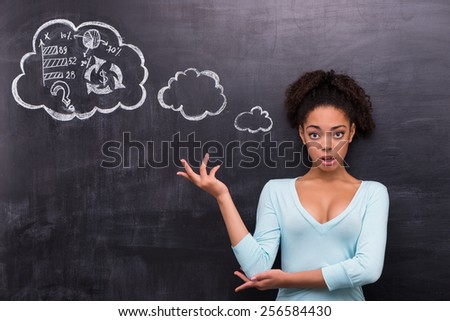 Photo of young surprised afro-american woman on chalkboard background. Woman looking at camera and trying to solve a problem painted on chalkboard 