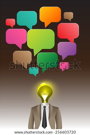 businessman light bulb head with business strategy background as concept. text box. speech bubble.