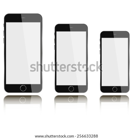 Vector phones with blank screen isolated on white background with reflection. Mock-up
