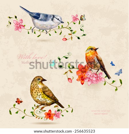 collection of cute birds. watercolor painting Royalty-Free Stock Photo #256635523