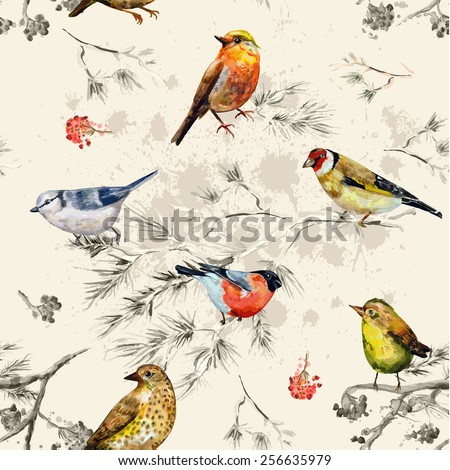 vintage seamless texture of little birds. watercolor painting Royalty-Free Stock Photo #256635979
