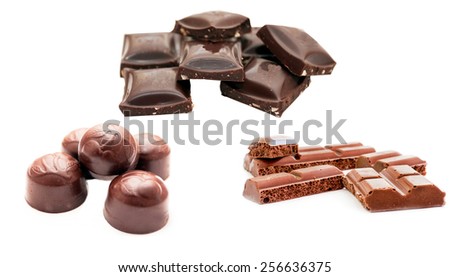 Different chocolate and different shapes on a white background