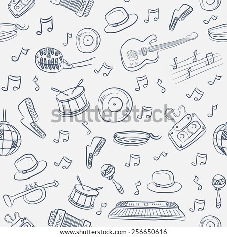 Music seamless pattern with different instruments and notes