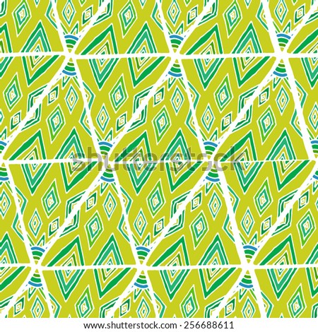 Seamless pattern with diamonds made of hand drawn ornamental triangles on black background. Clipping mask is used, vector illustration.